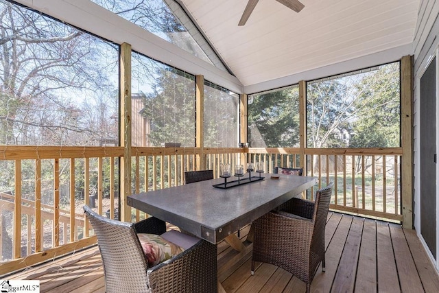 sunroom featuring a wealth of natural light, lofted ceiling, and ceiling fan