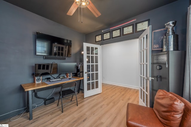 office featuring wood finished floors, french doors, baseboards, and ceiling fan