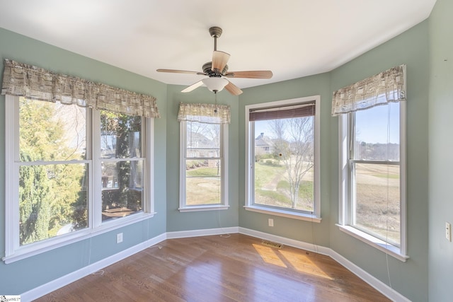 unfurnished dining area with wood finished floors, baseboards, visible vents, and ceiling fan