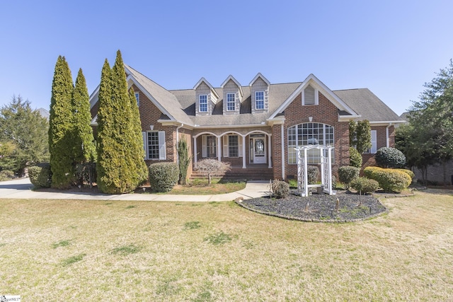 view of front of home featuring brick siding and a front lawn