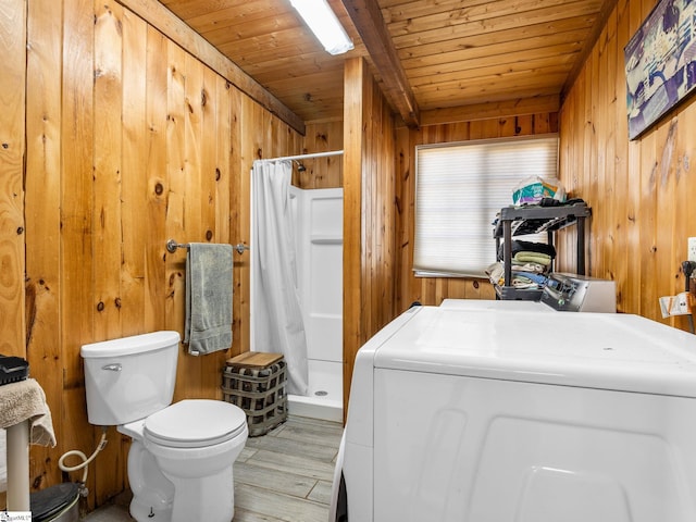 145 Dickson Rd, Campobello, SC 29322 - clothes washing area featuring wooden ceiling, washer / dryer, wood walls, and laundry area