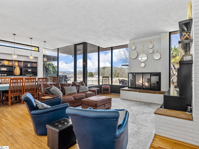 145 Dickson Rd, Campobello, SC 29322 - living room featuring a fireplace, floor to ceiling windows, wood finished floors, and a textured ceiling