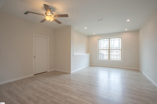 unfurnished room featuring visible vents, baseboards, ceiling fan, recessed lighting, and light wood-style flooring