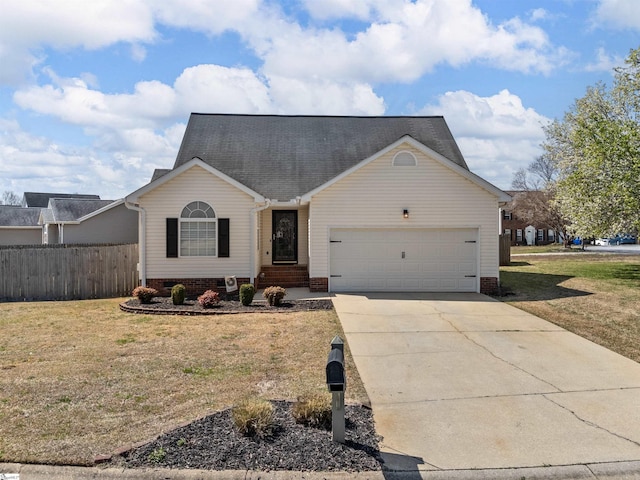 ranch-style house featuring driveway, an attached garage, a front yard, and fence