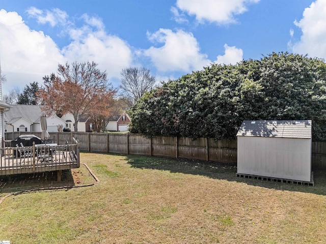 view of yard featuring a deck, an outdoor structure, a fenced backyard, and a shed