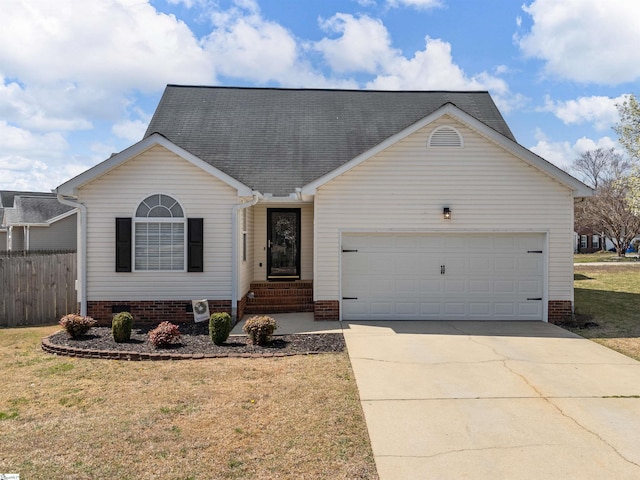 ranch-style home with concrete driveway, an attached garage, fence, and a front lawn