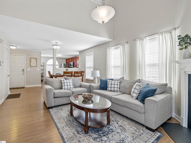 living room with baseboards and light wood finished floors