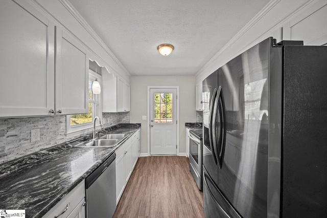 kitchen with wood finished floors, white cabinets, stainless steel appliances, and a sink