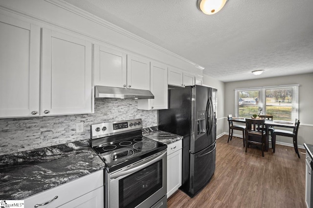 kitchen featuring stainless steel electric range, dark wood-type flooring, under cabinet range hood, white cabinetry, and black fridge