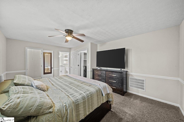 bedroom featuring visible vents, a textured ceiling, carpet, baseboards, and ceiling fan