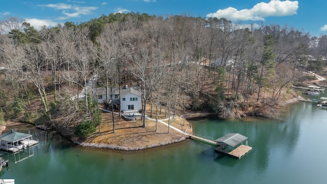 drone / aerial view with a water view