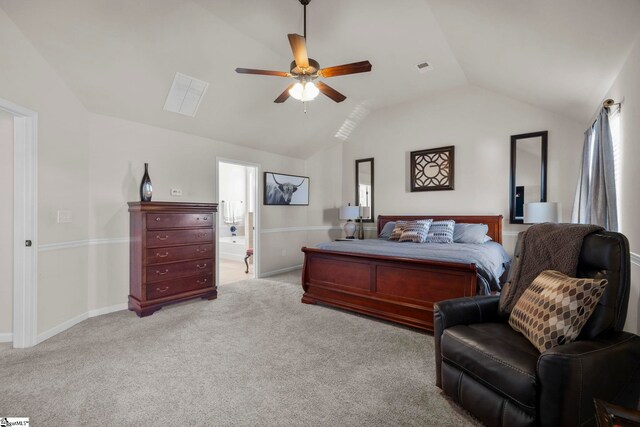 16 Verdana Ct, Simpsonville, SC 29680 - bedroom featuring visible vents, carpet flooring, baseboards, ceiling fan, and vaulted ceiling