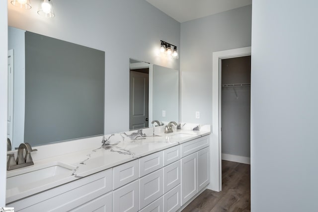 313 Barker Rd, Simpsonville, SC 29680 - bathroom featuring double vanity, wood finished floors, baseboards, and a sink