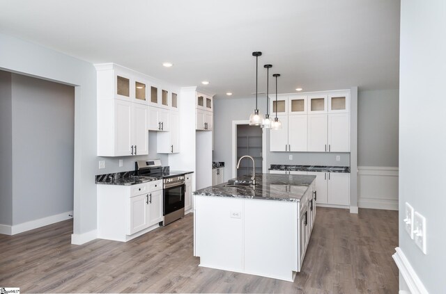 313 Barker Rd, Simpsonville, SC 29680 - kitchen with dark stone countertops, stainless steel range with electric stovetop, light wood-type flooring, and glass insert cabinets