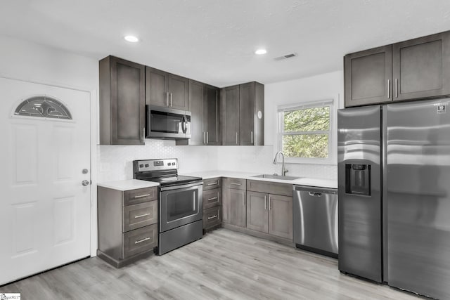 kitchen featuring a sink, decorative backsplash, light countertops, stainless steel appliances, and light wood-type flooring