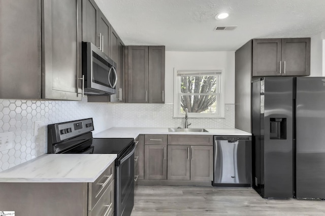 kitchen with visible vents, backsplash, light wood-type flooring, stainless steel appliances, and a sink