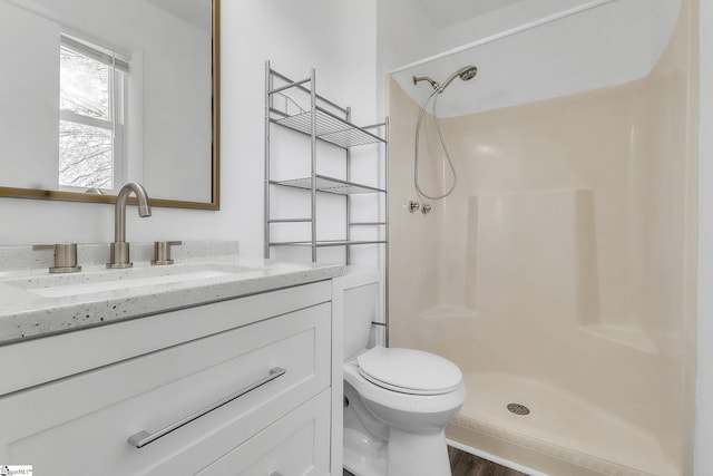 bathroom with toilet, a stall shower, and vanity