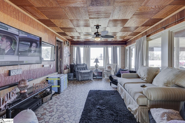 129 Canty Way, Gaffney, SC 29341 - living area featuring a healthy amount of sunlight, ceiling fan, wooden ceiling, and wood walls