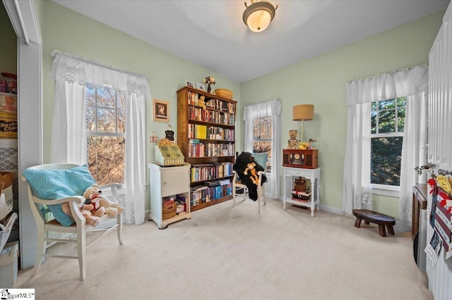living area featuring a healthy amount of sunlight, baseboards, and carpet