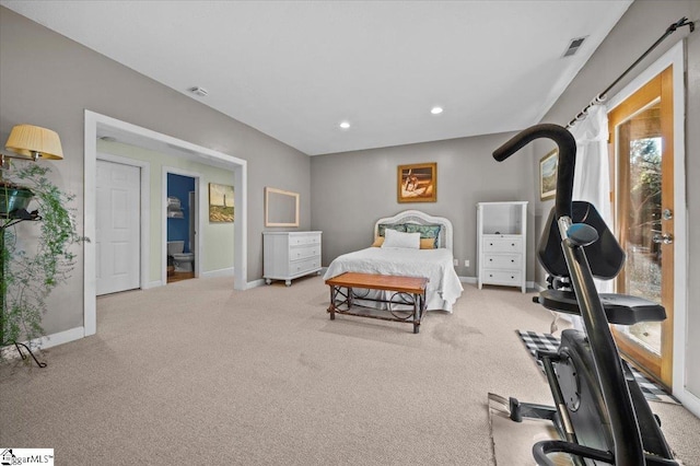 bedroom featuring visible vents, recessed lighting, carpet, and baseboards