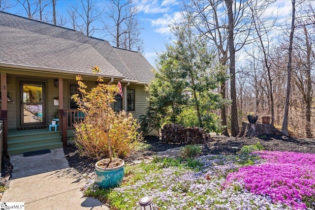 view of side of property with covered porch and a shingled roof