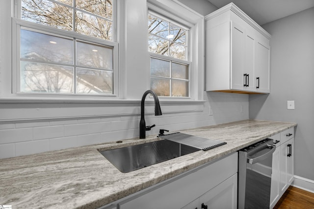 510 N Franklin Rd, Greenville, SC 29609 - kitchen featuring a sink, light stone countertops, decorative backsplash, white cabinetry, and stainless steel dishwasher