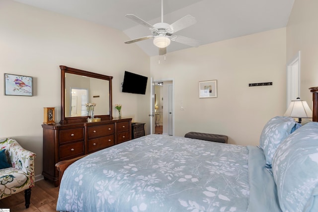 bedroom featuring ceiling fan, lofted ceiling, and wood finished floors