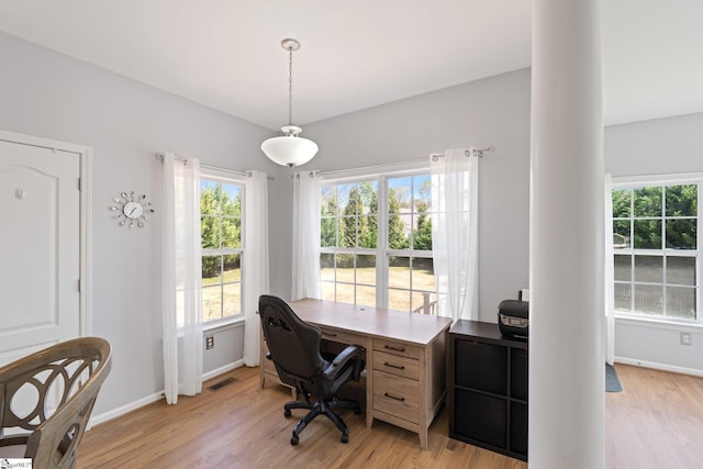 39 Santee Ct, Simpsonville, SC 29680 - home office with light wood-style flooring, visible vents, baseboards, and ornate columns