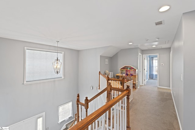 39 Santee Ct, Simpsonville, SC 29680 - corridor with visible vents, baseboards, carpet floors, recessed lighting, and an upstairs landing