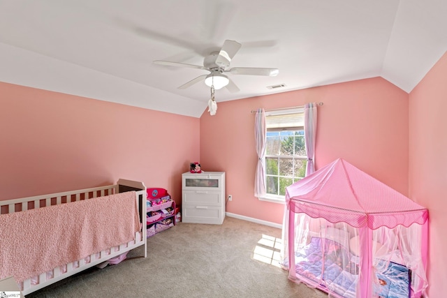 39 Santee Ct, Simpsonville, SC 29680 - carpeted bedroom with vaulted ceiling, baseboards, visible vents, and ceiling fan