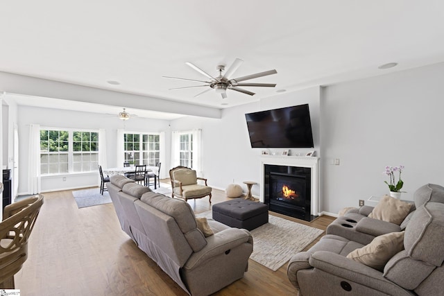 39 Santee Ct, Simpsonville, SC 29680 - living room with wood finished floors, a fireplace with flush hearth, and a ceiling fan