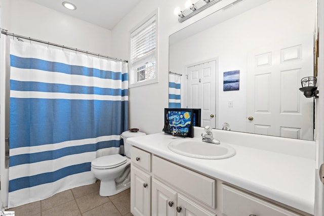 bathroom with tile patterned floors, visible vents, toilet, and vanity