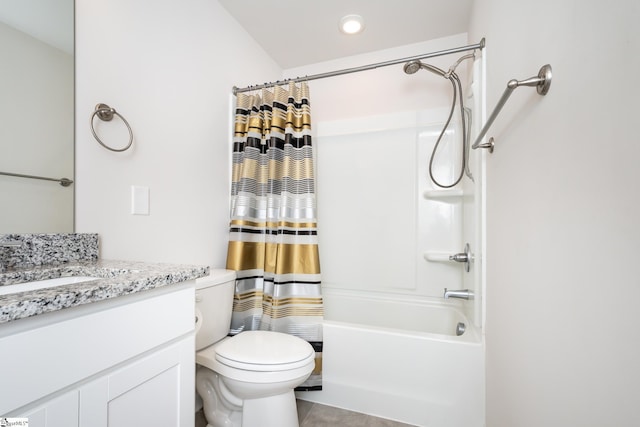 full bath with recessed lighting, shower / bath combo with shower curtain, toilet, and vanity