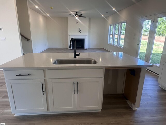 127 Hunter Ridge Dr Lot 75, Boiling Springs, SC 29316 - kitchen featuring ceiling fan, a sink, white cabinetry, wood finished floors, and light countertops