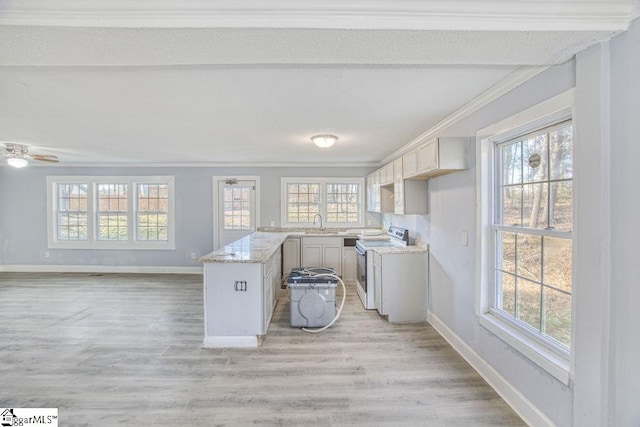 139 Randolph Ct, Woodruff, SC 29388 - kitchen with white electric range oven, a healthy amount of sunlight, and ornamental molding