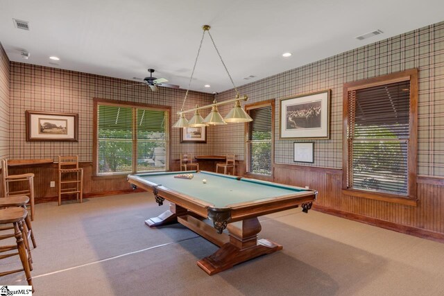 1230 Melton Rd Unit 101, West Union, SC 29696 - rec room with wallpapered walls, carpet floors, ceiling fan, visible vents, and pool table