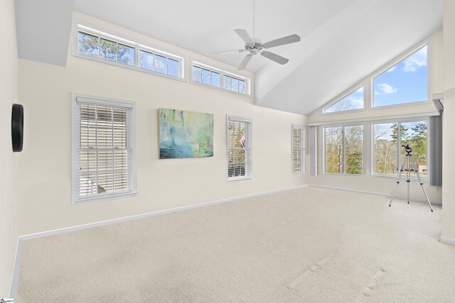 1230 Melton Rd Unit 101, West Union, SC 29696 - unfurnished living room with baseboards, high vaulted ceiling, carpet flooring, and a ceiling fan