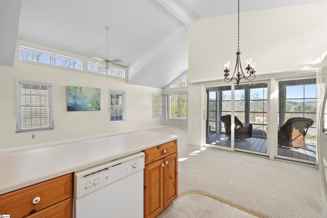 1230 Melton Rd Unit 101, West Union, SC 29696 - kitchen featuring open floor plan, light colored carpet, beamed ceiling, white dishwasher, and brown cabinetry