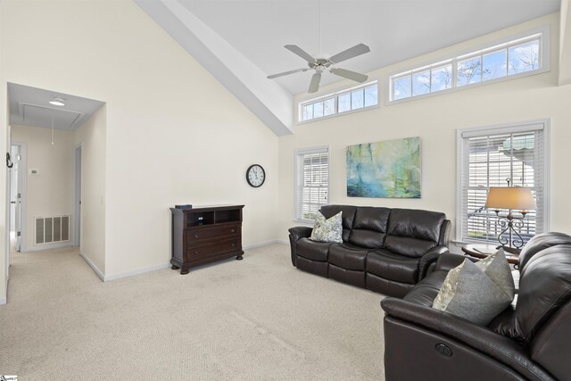 1230 Melton Rd Unit 101, West Union, SC 29696 - carpeted living room with a ceiling fan, visible vents, attic access, and a towering ceiling