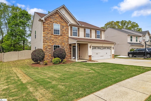 view of front of home with fence, stone siding, a front lawn, an attached garage, and concrete driveway