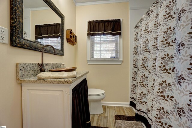 bathroom featuring toilet, curtained shower, vanity, wood finished floors, and baseboards