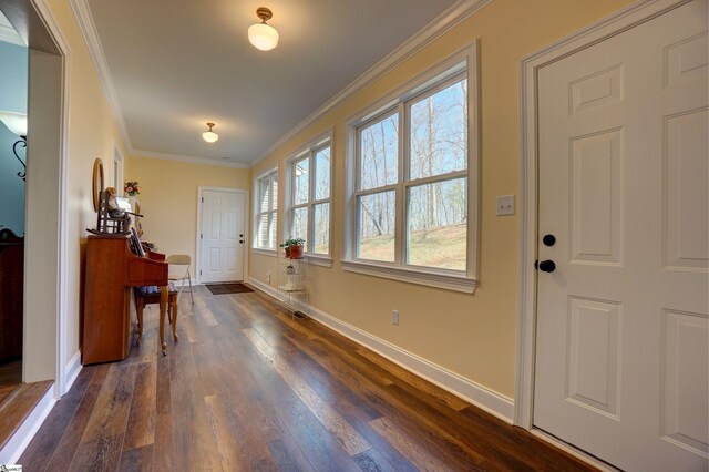 entrance foyer featuring baseboards, ornamental molding, and dark wood-style flooring