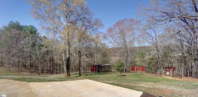 view of yard featuring an outbuilding, a patio area, a playground, and a shed