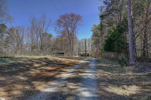 view of street with driveway and a forest view