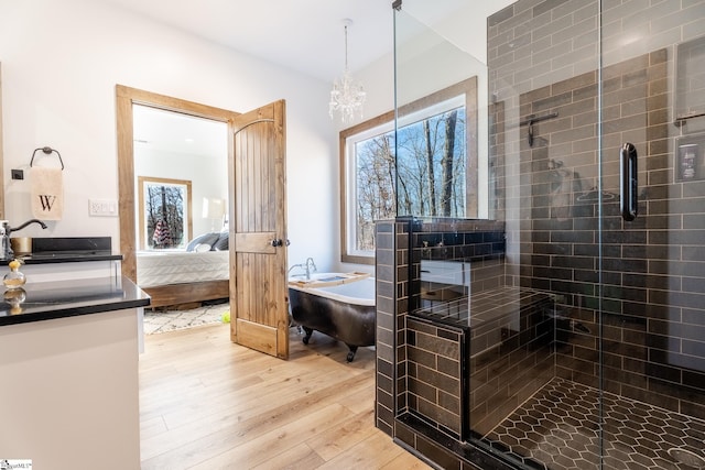 ensuite bathroom with ensuite bathroom, wood finished floors, a stall shower, and a freestanding bath
