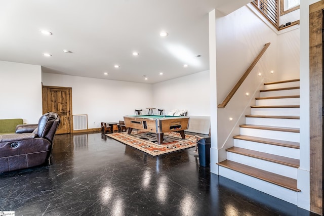 game room with visible vents, billiards, and recessed lighting