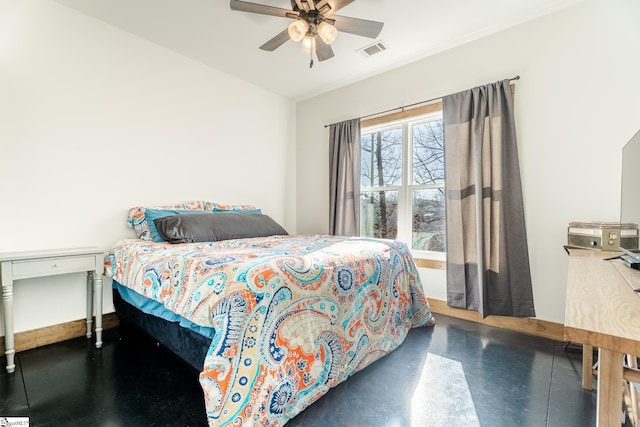 bedroom with baseboards, ceiling fan, visible vents, and finished concrete floors