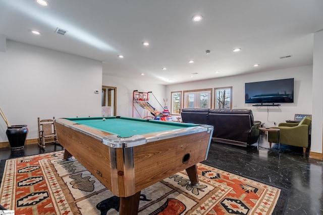 game room with baseboards, visible vents, recessed lighting, and billiards