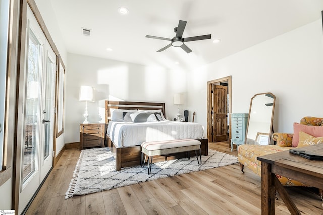 bedroom featuring visible vents, ceiling fan, recessed lighting, and hardwood / wood-style floors