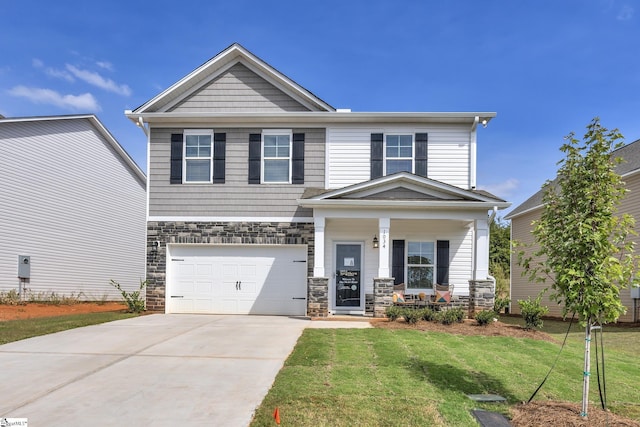 1034 Silverbend Trl, Duncan, SC 29334 - craftsman-style house featuring concrete driveway, stone siding, a front lawn, a porch, and a garage